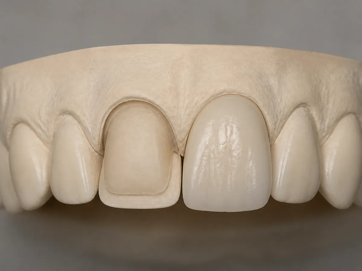 Close view of a dentist marking conservative enamel preparation for veneers