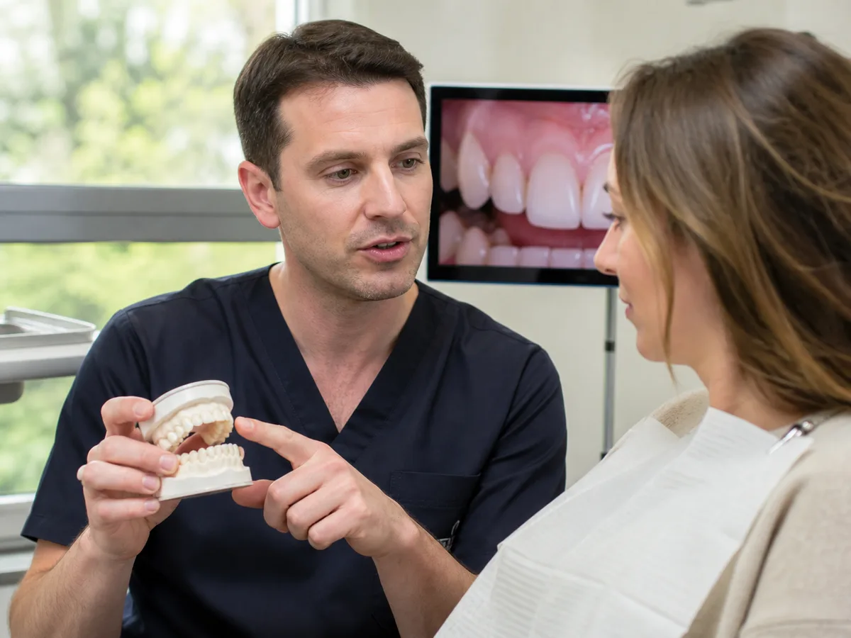 Patient reviewing veneer X-rays and gum chart before cosmetic treatment