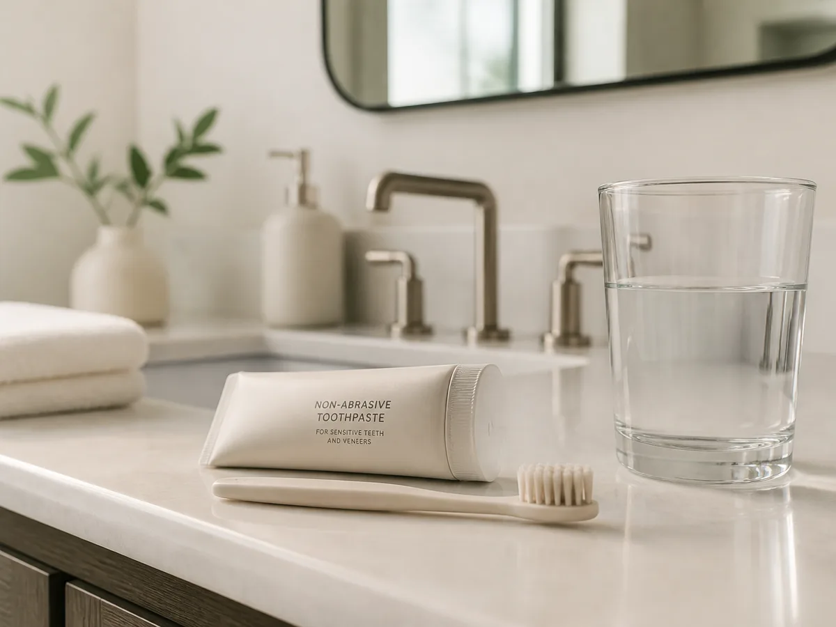 Patient choosing a nonabrasive toothpaste for porcelain veneers