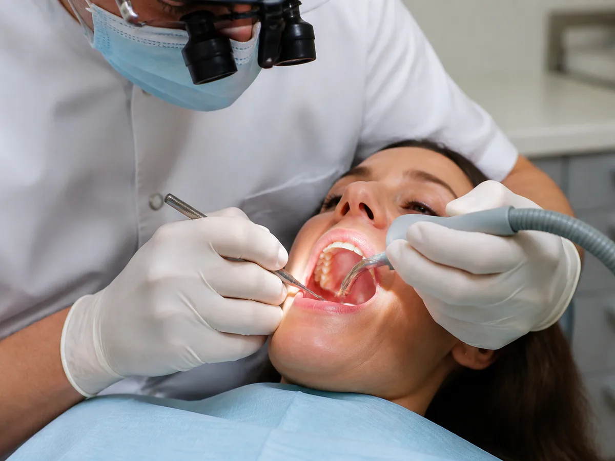 Dentist points to missing tooth structure on a molar before crown planning