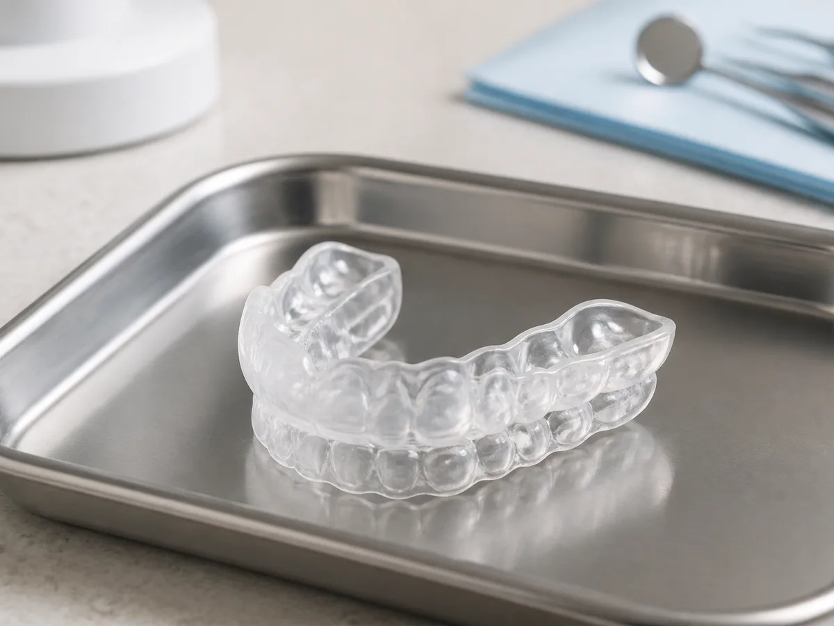 Dental lab custom night guard being checked for even contact on a model
