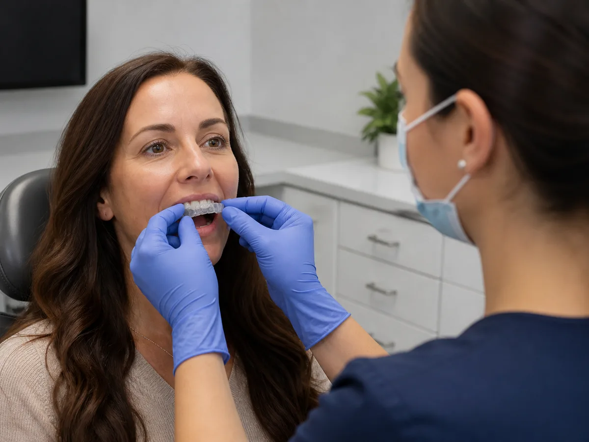 Patient discussing night guard options for TMJ-related clenching with a dentist