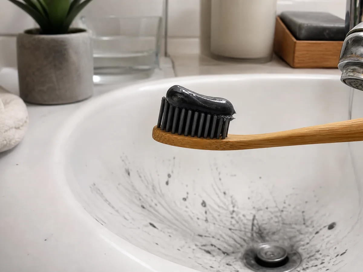 Abrasive charcoal toothpaste shown beside a scratched enamel demonstration tile