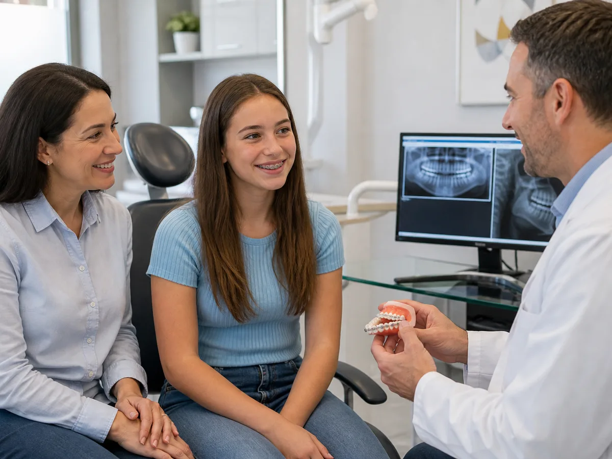 Orthodontist reviewing a treatment contract and insurance lifetime maximum with a parent