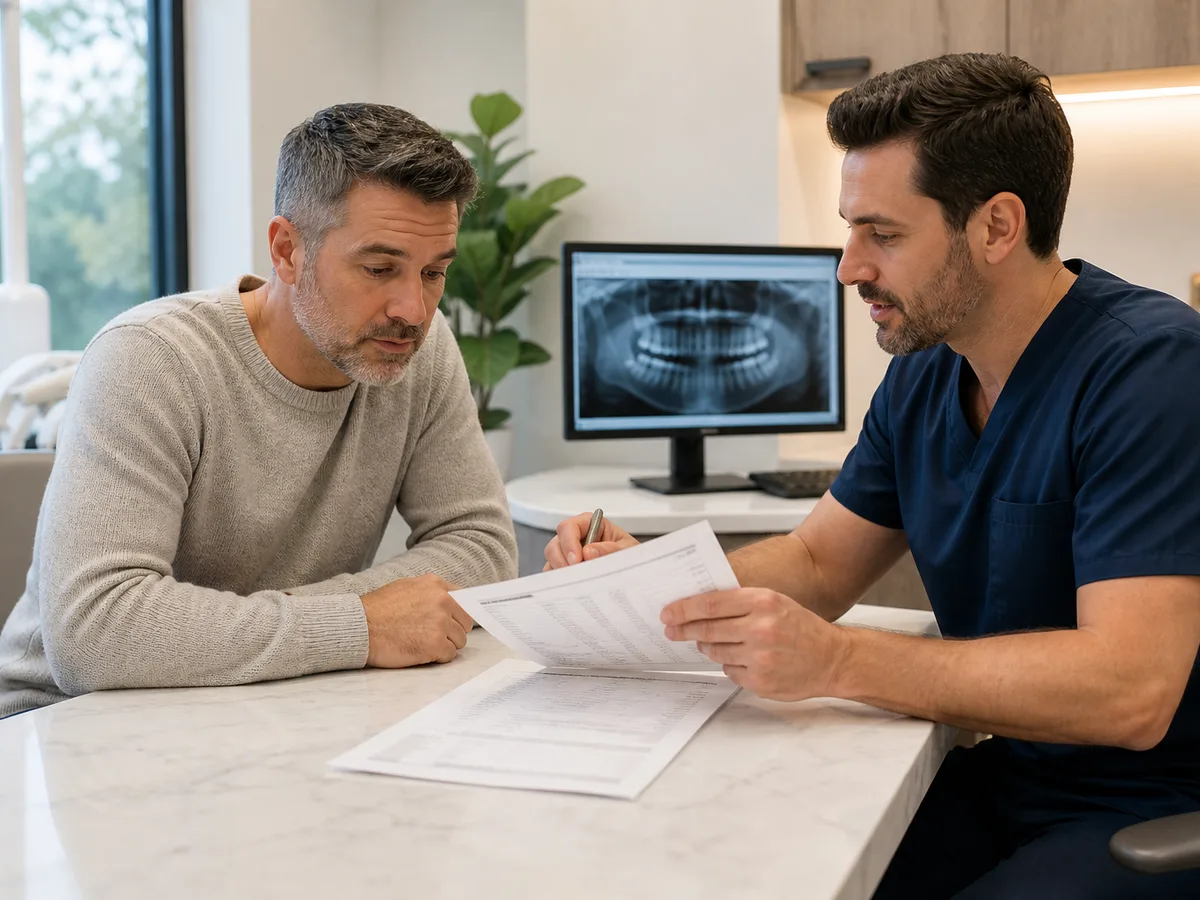 Patient reviewing a dental insurance benefits booklet while discussing implant treatment