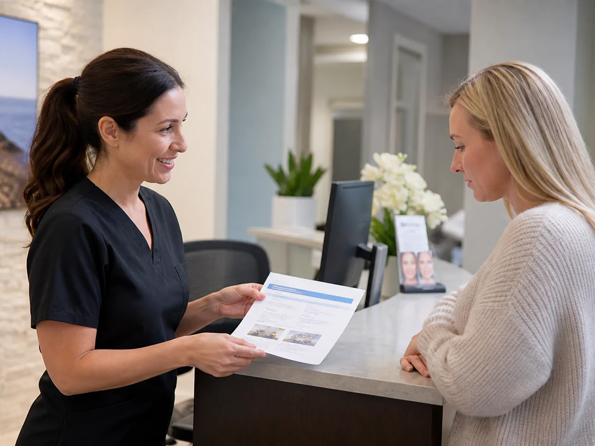 Office coordinator explaining oral appliance coverage estimates to a patient