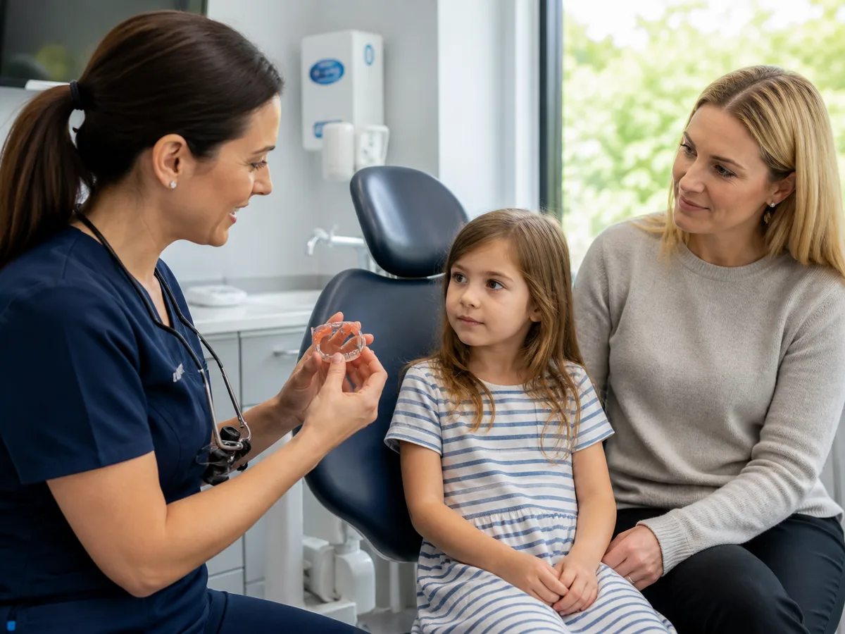Parent helping a child clean around a fixed dental space maintainer