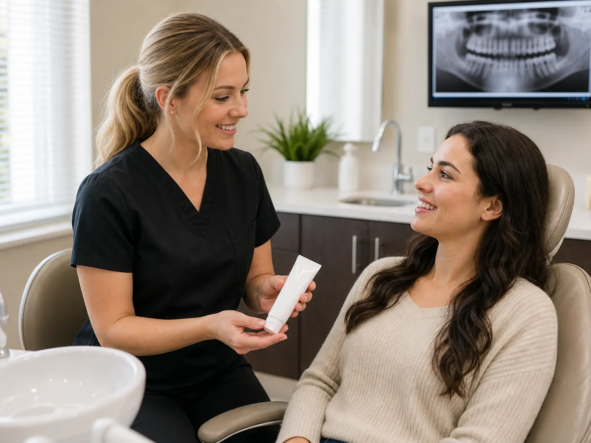 Dentist adjusting a whitening tray edge near sensitive gums