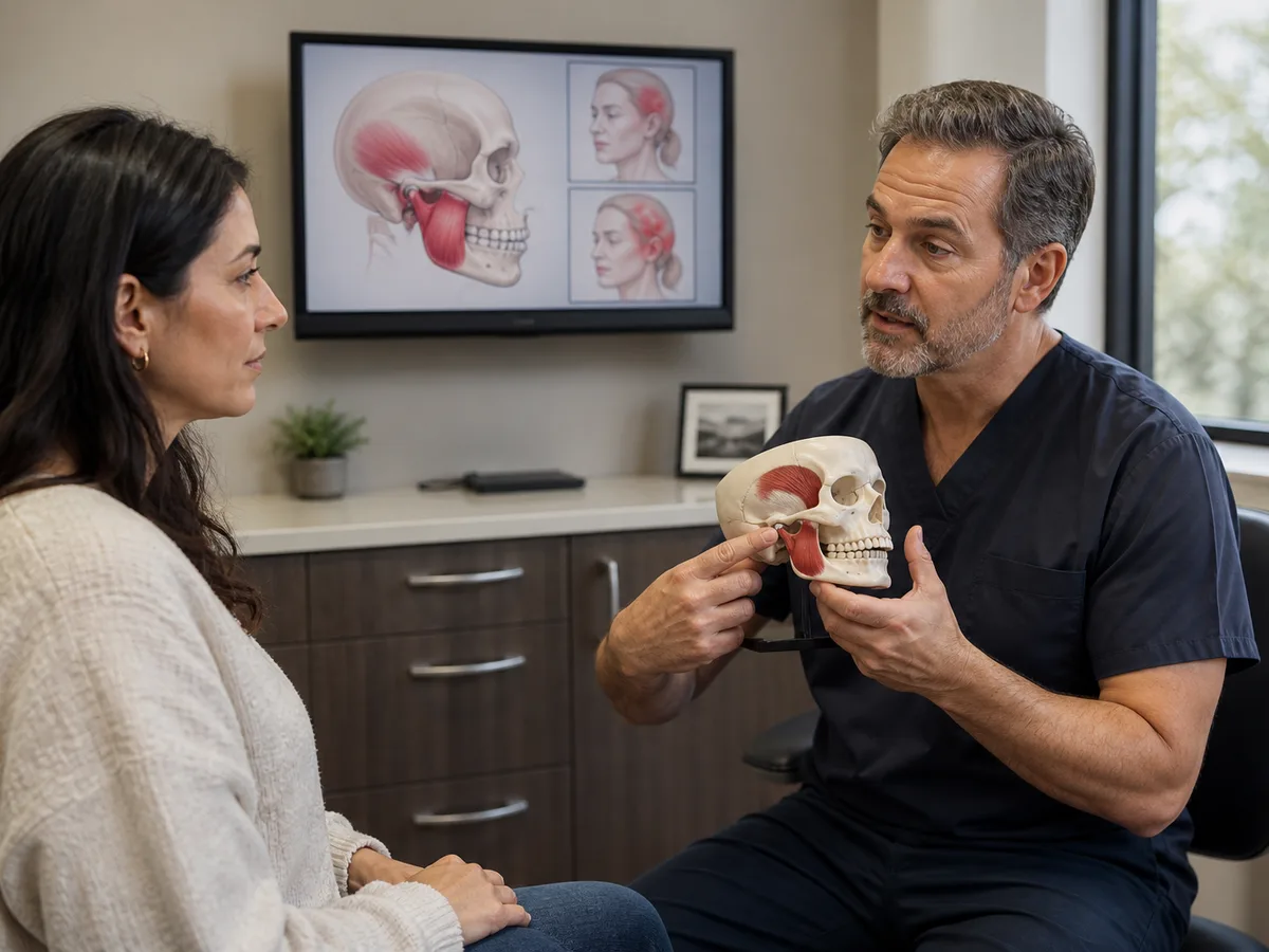 Dentist counseling a patient on watchful waiting versus active TMJ care