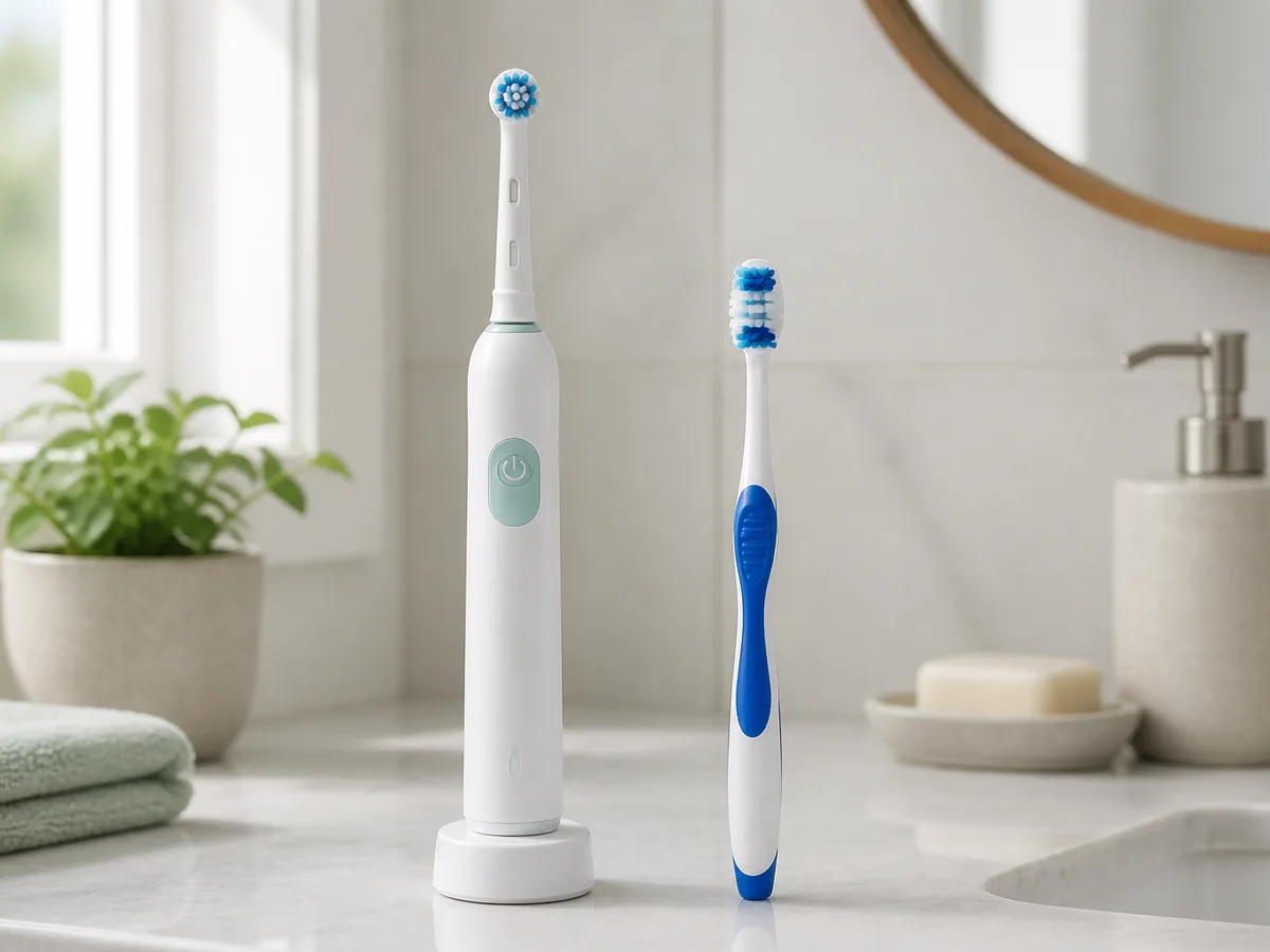 Person angling a soft electric toothbrush head along the upper gumline