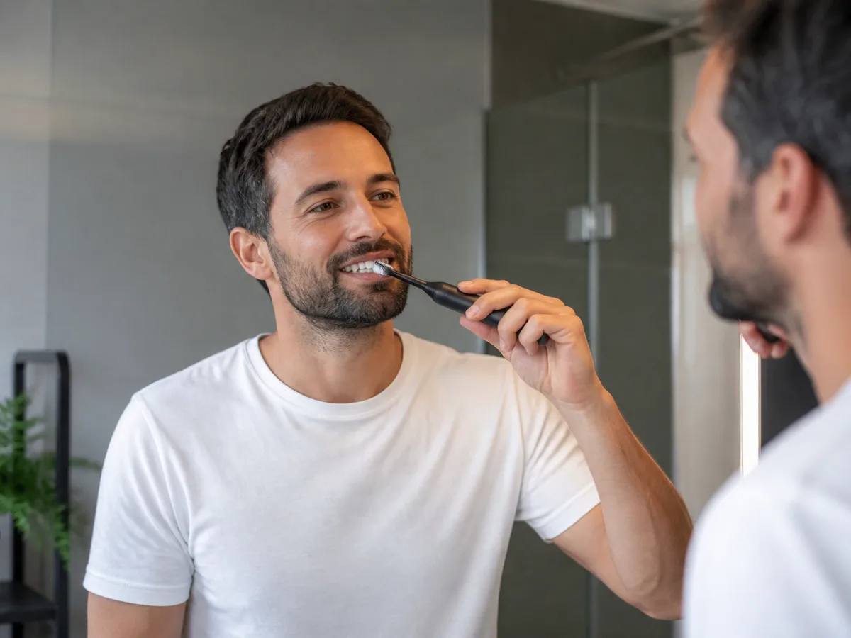 Soft manual toothbrush with pea-sized fluoride toothpaste on the bristles