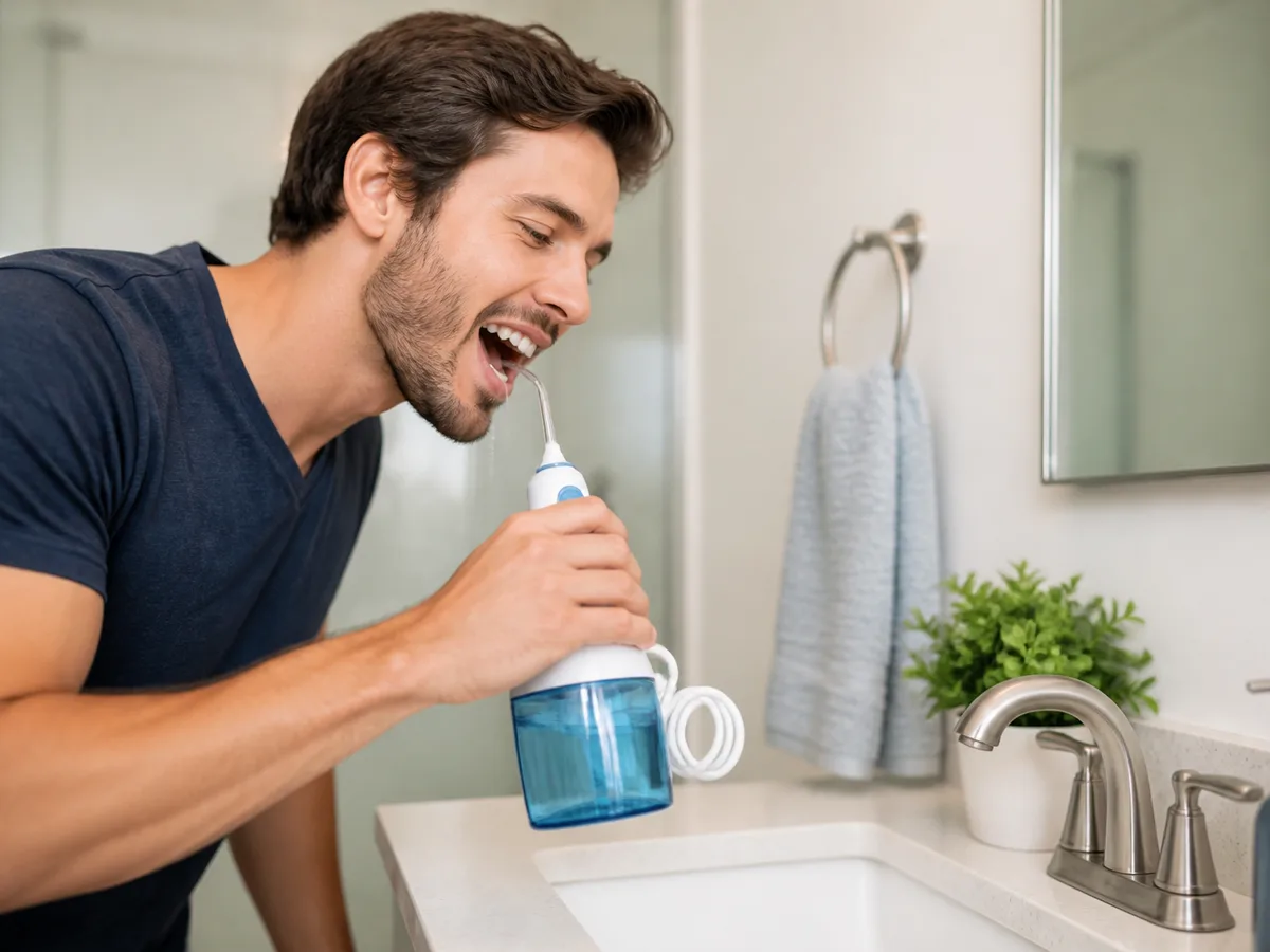 Water flosser tip aimed along the gumline between lower teeth