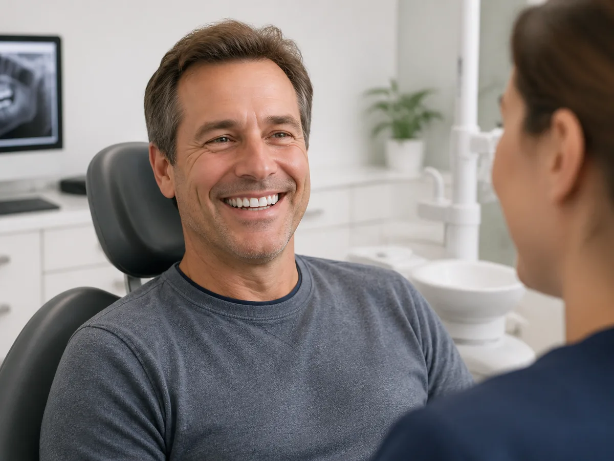Patient at a follow-up visit discussing adaptation progress with a sleep-appliance dentist