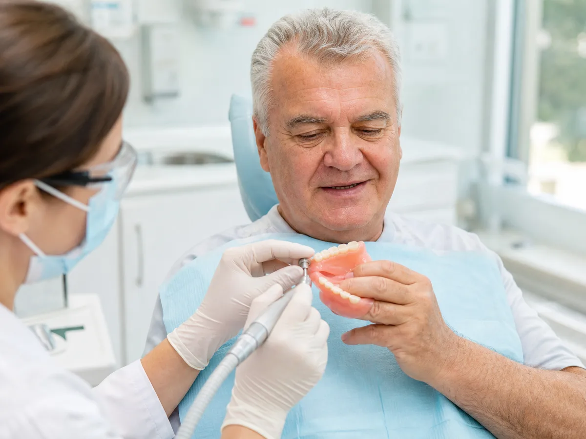 Dentist refining a new full denture base for early sore-spot relief