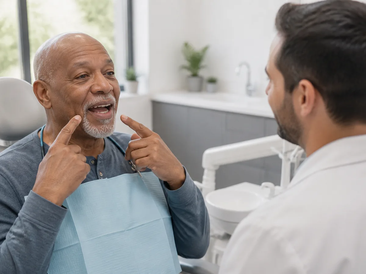 Patient practicing clear speech with new dentures in a bright dental room