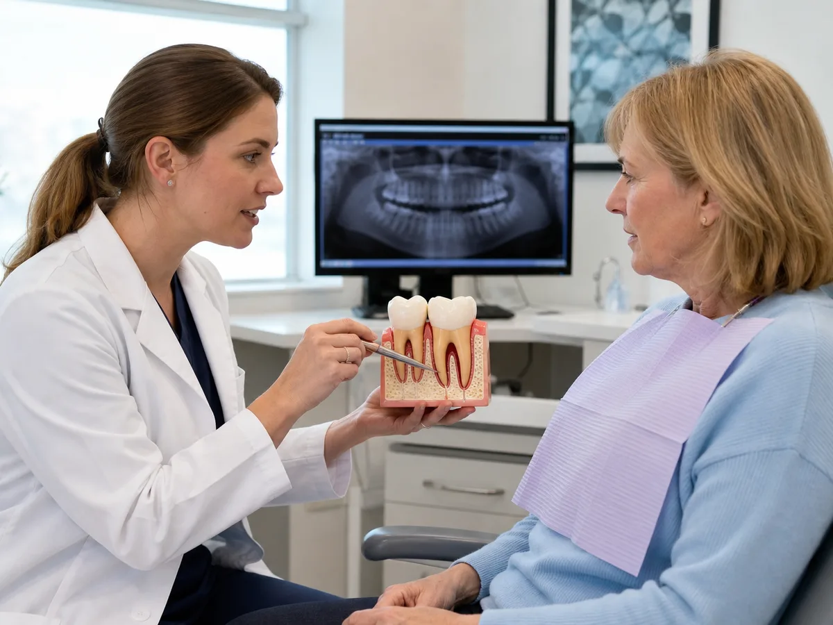 Patient reviewing periodontal chart numbers with a dental hygienist