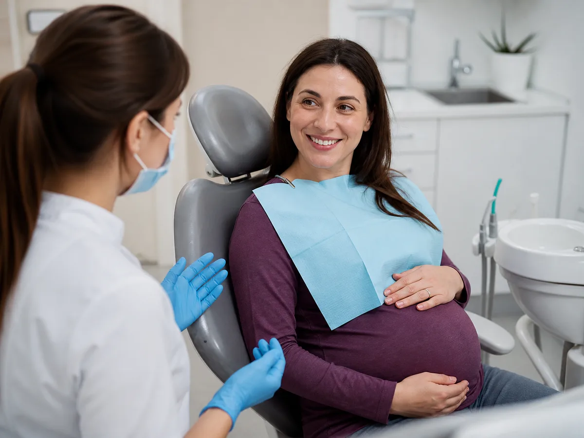 Pregnant dental patient reviewing gum bleeding symptoms with hygienist