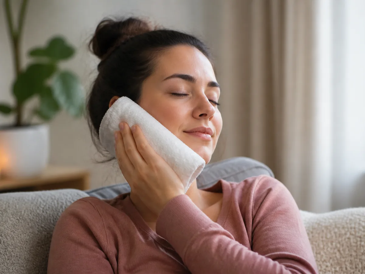 Applying a warm moist compress along the jaw and cheek for TMJ muscle relief