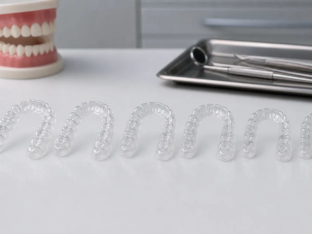 Orthodontist reviewing a staged clear aligner digital setup on a chairside screen