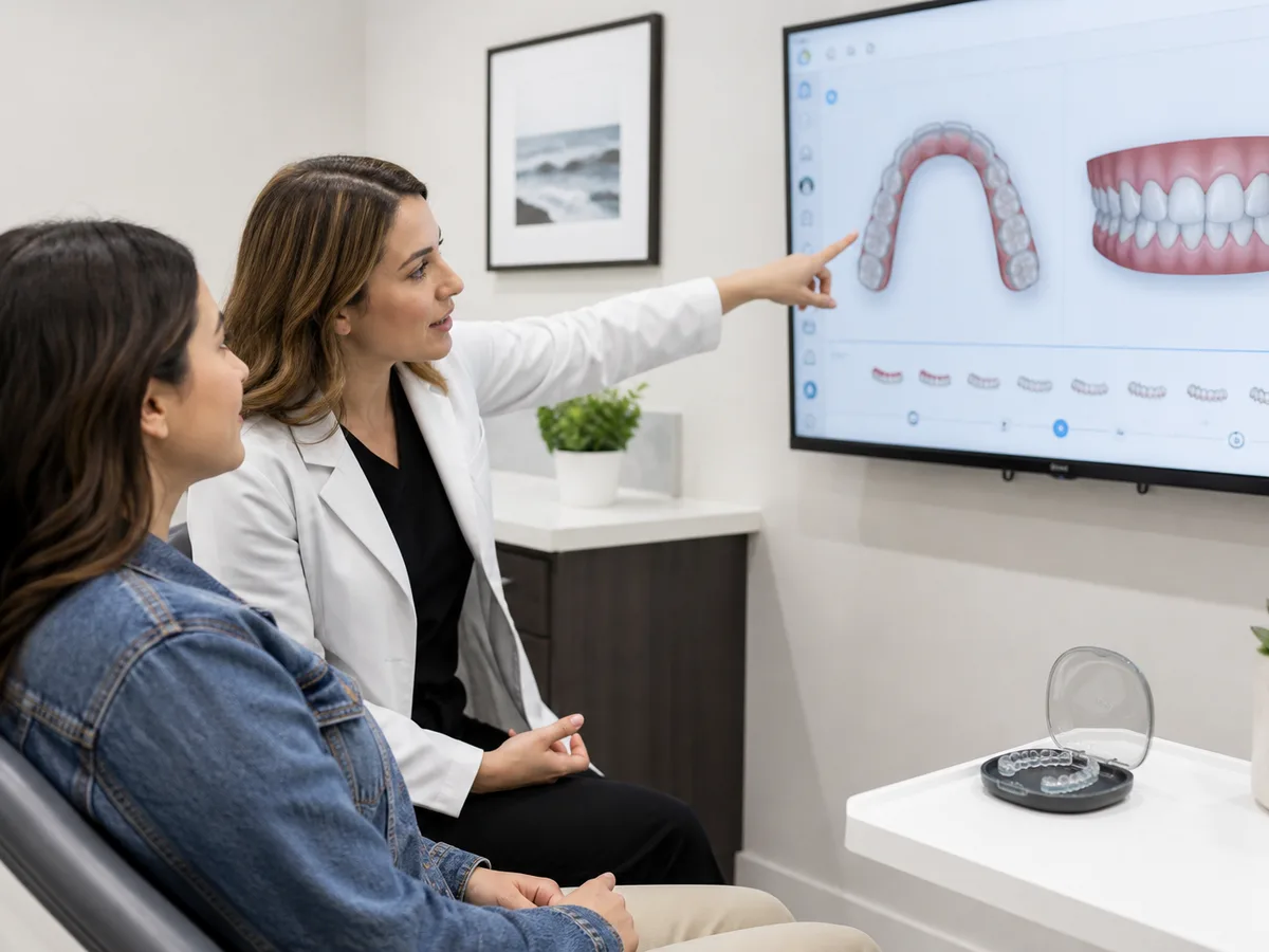 Patient seating a clear aligner tray at home with a wear-time reminder on a phone