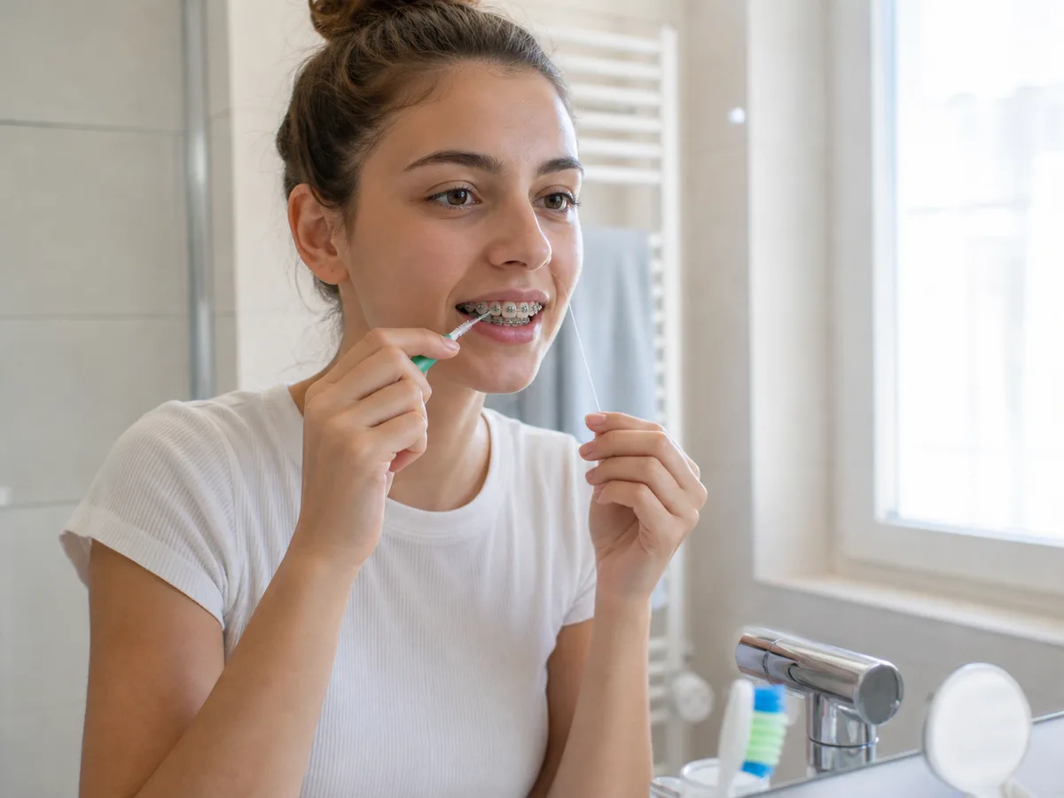 Interdental brush cleaning under an orthodontic wire
