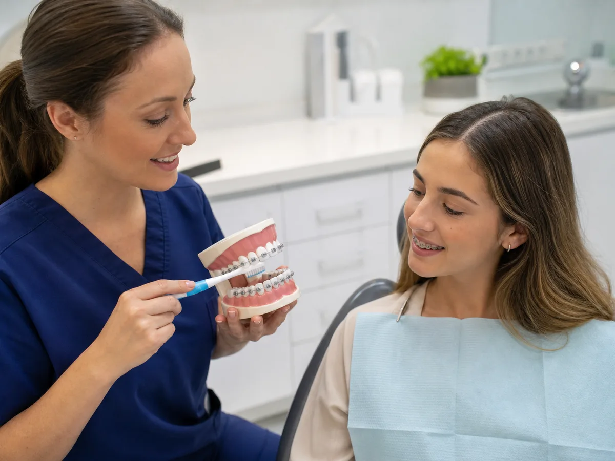 Dental hygienist showing a patient how to floss with braces