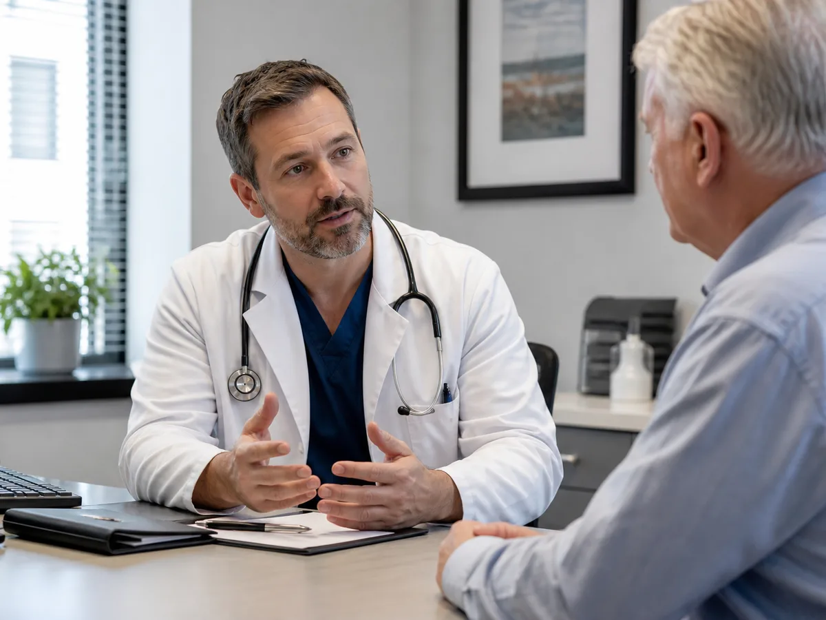 Physician reviewing sleep-study options with a patient who has snoring and daytime sleepiness