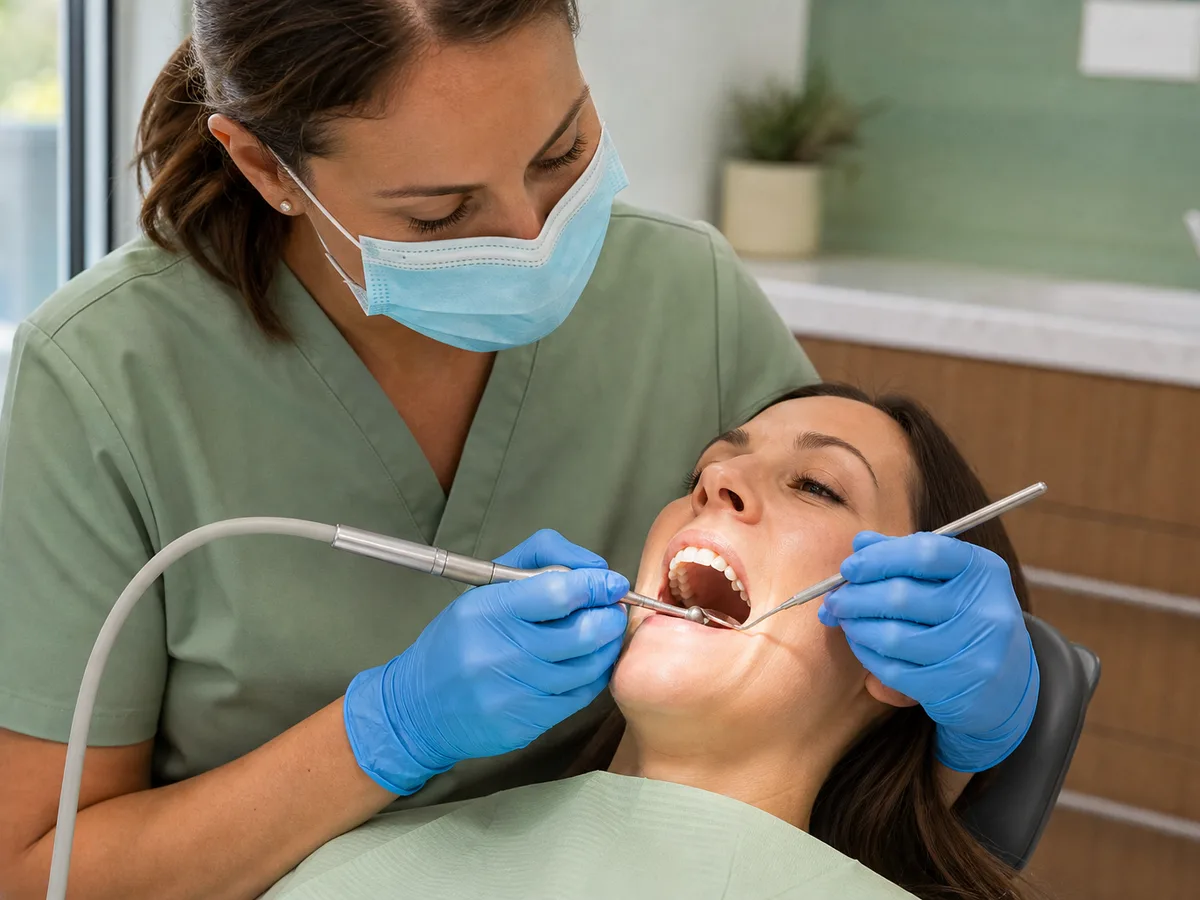 Dental hygienist cleaning around a dental implant crown with specialized instruments