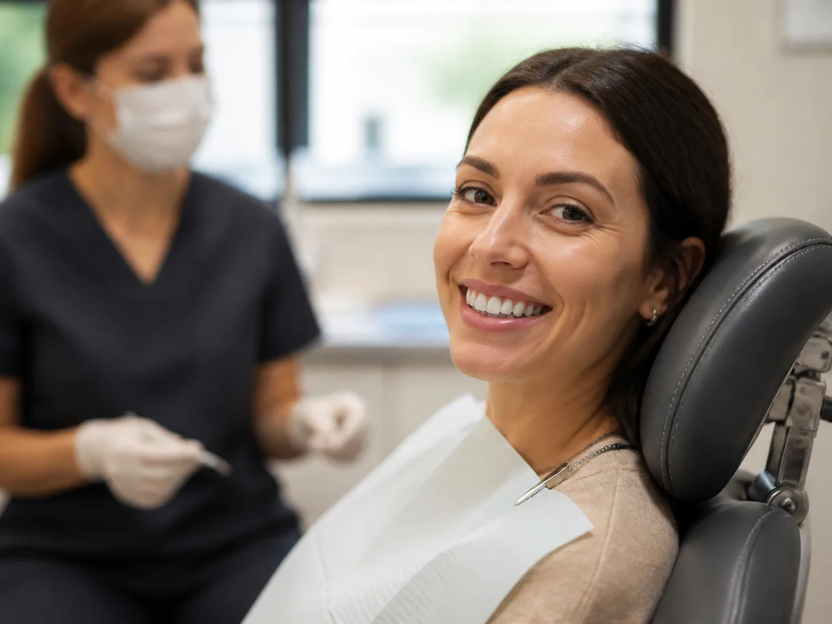 Smiling adult patient at a dental follow-up after long-term dental implant success