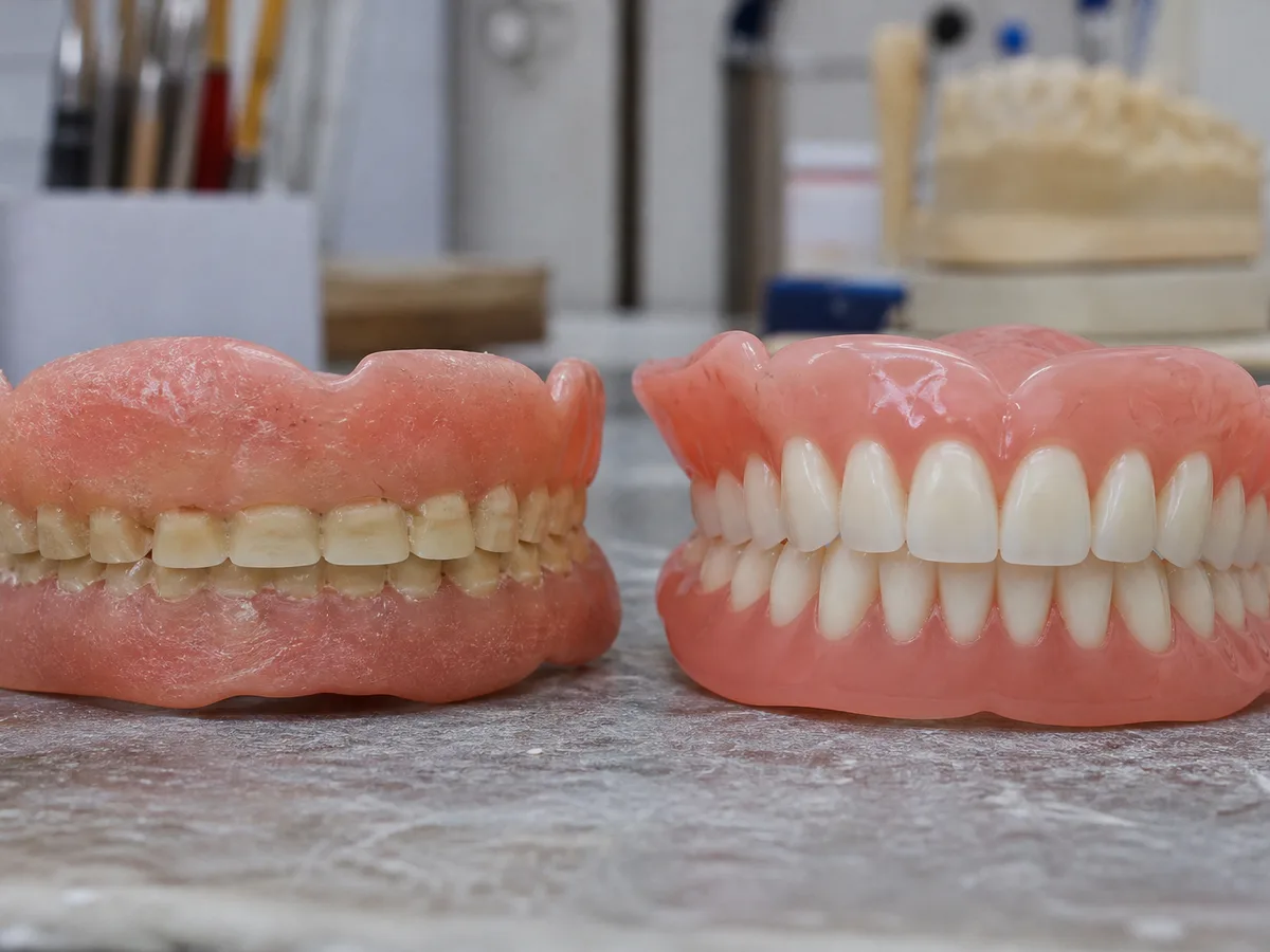Close-up of worn denture tooth surfaces compared with unworn teeth