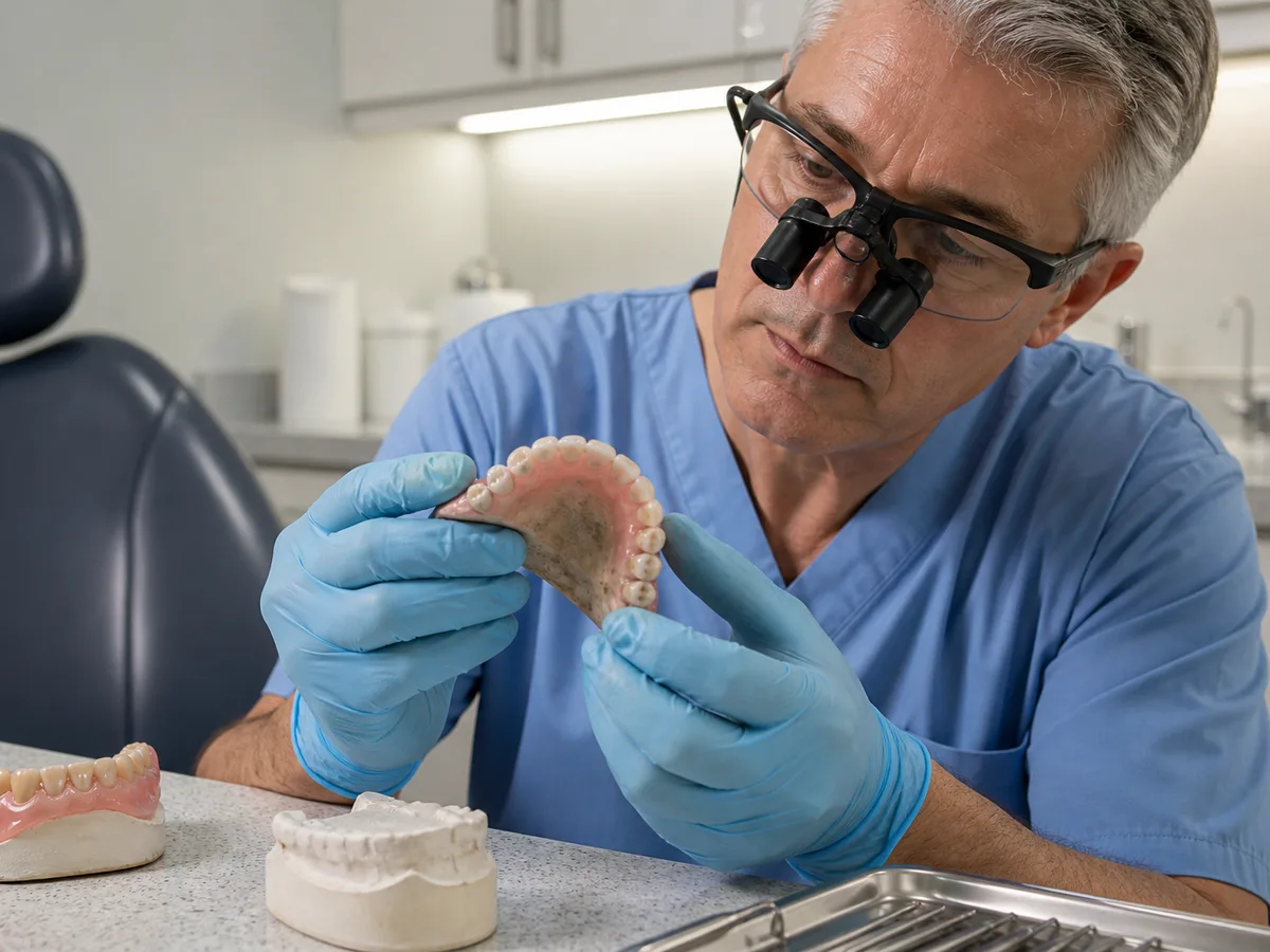 Dentist evaluating an older denture for reline versus full remake