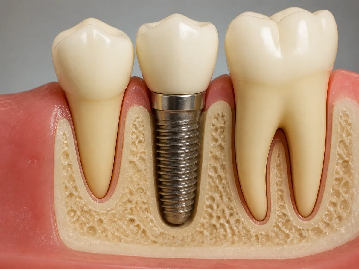 Cross-section illustration style photo of a dental implant integrating with jawbone over time