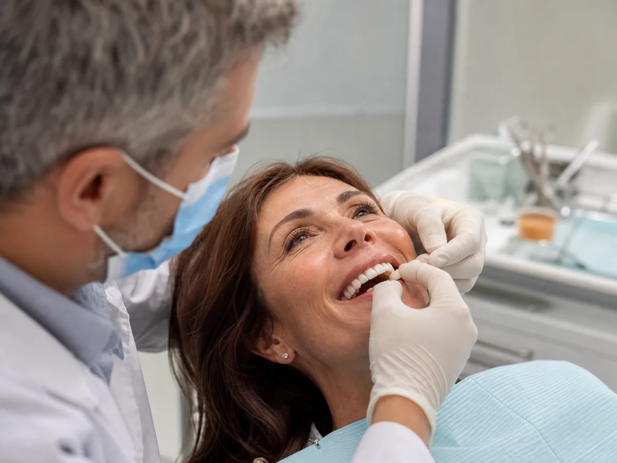Patient receiving a final dental implant crown after the healing period
