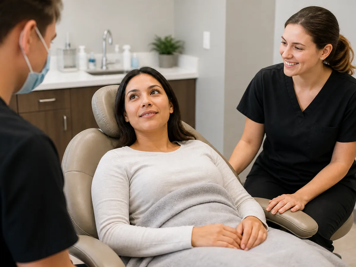 Escort checking written discharge instructions with a patient after dental sedation