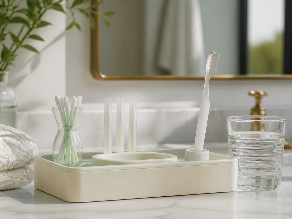 Person rinsing with water after coffee beside a toothbrush and whitening tray