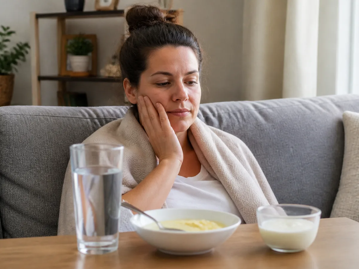 Patient eats soft food after root canal treatment while reading aftercare notes