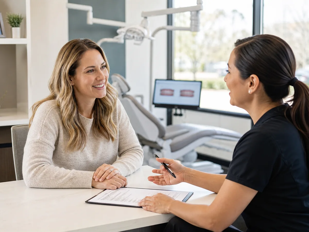 Patient comparing braces payment options with orthodontic treatment notes