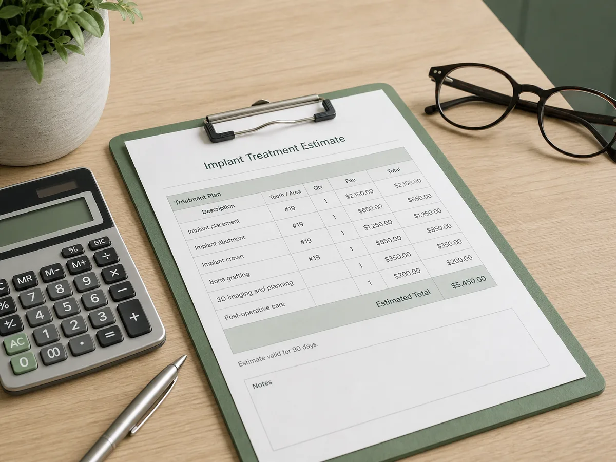 Itemized dental implant treatment estimate printed beside a calculator and pen