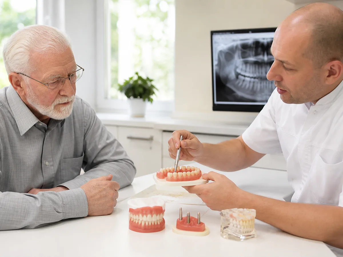 Patient comparing conventional and implant denture options during consult
