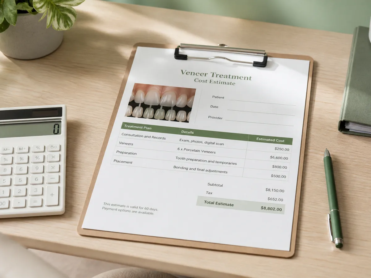 Treatment coordinator reviewing a written veneer estimate with a patient