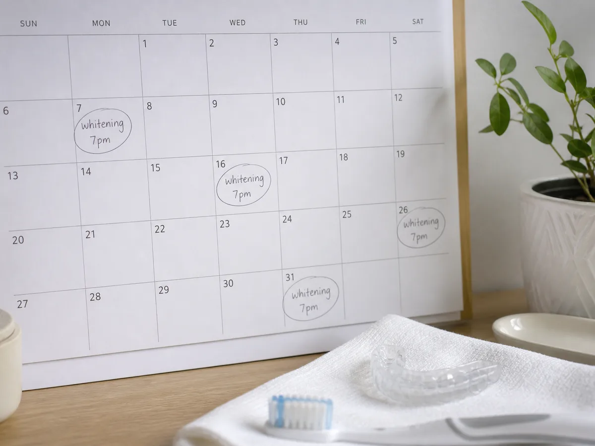 Dentist writing a whitening touch-up schedule on a calendar