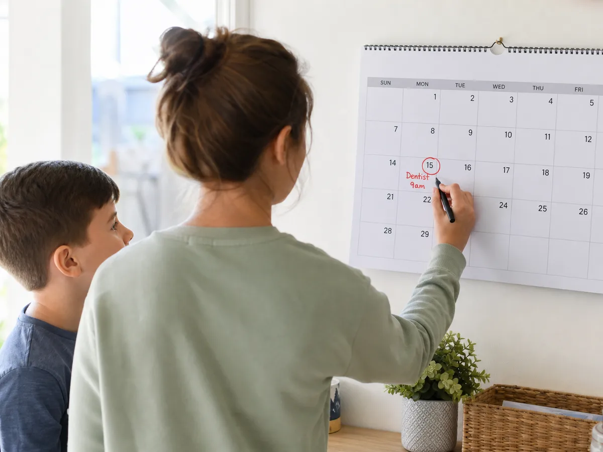 Parent scheduling a child's next dental checkup with a front desk coordinator