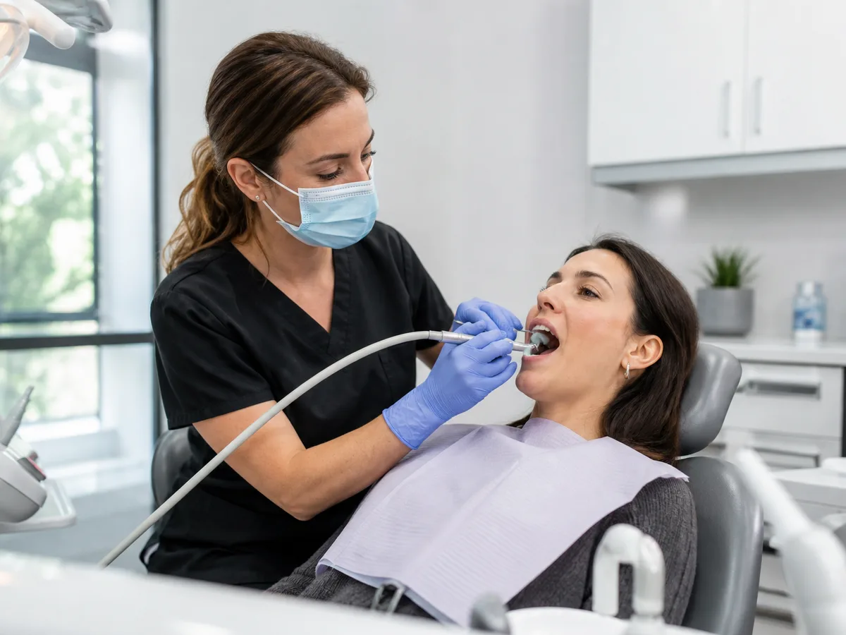 Dentist reviewing gum health notes while discussing cleaning recall timing