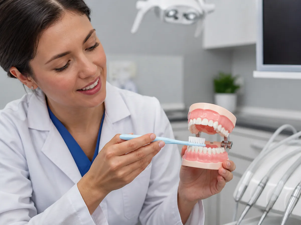 Mirror view of brushing the tongue side of lower front teeth carefully