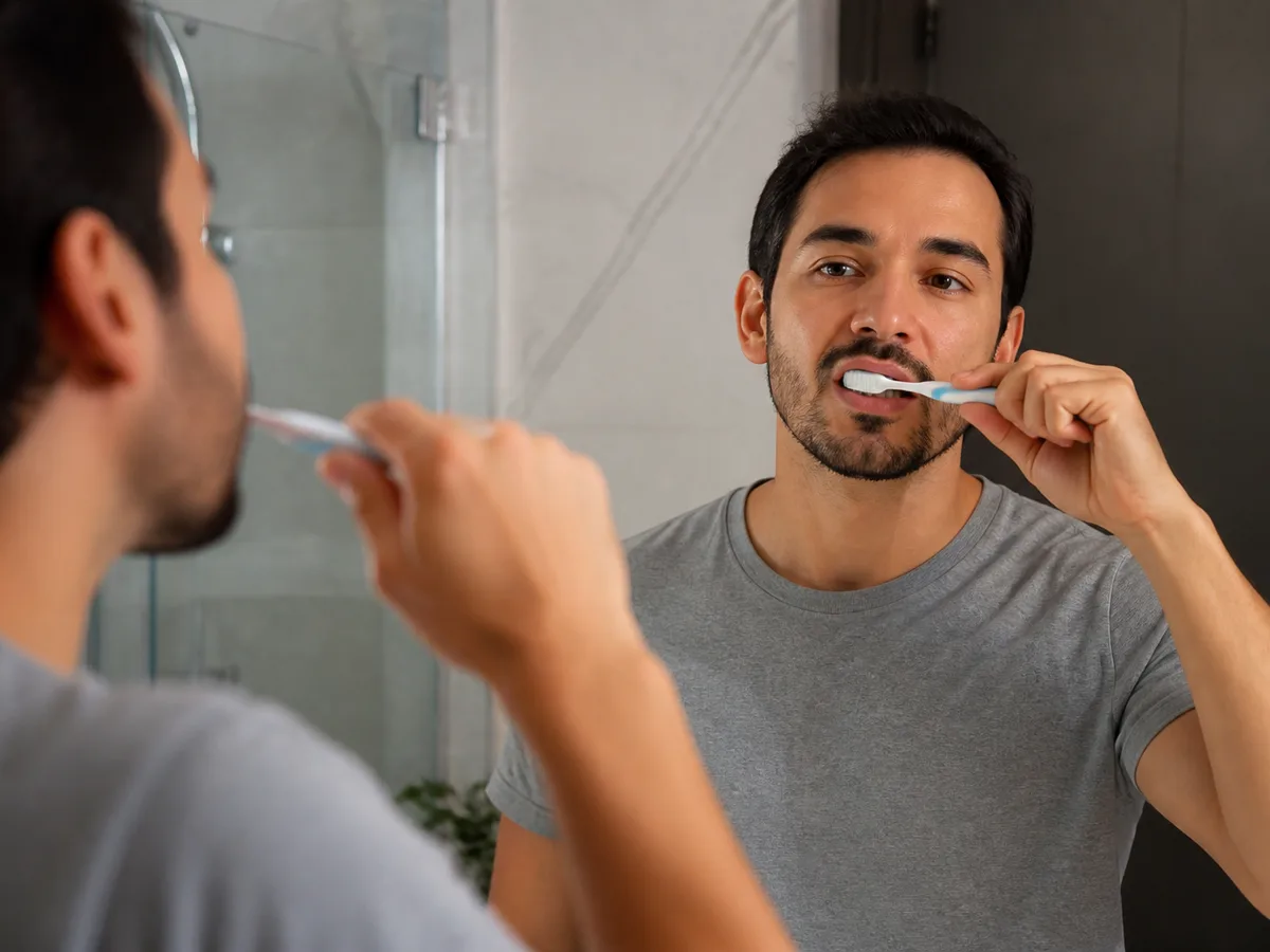 Two-minute sand timer beside a soft toothbrush for paced brushing