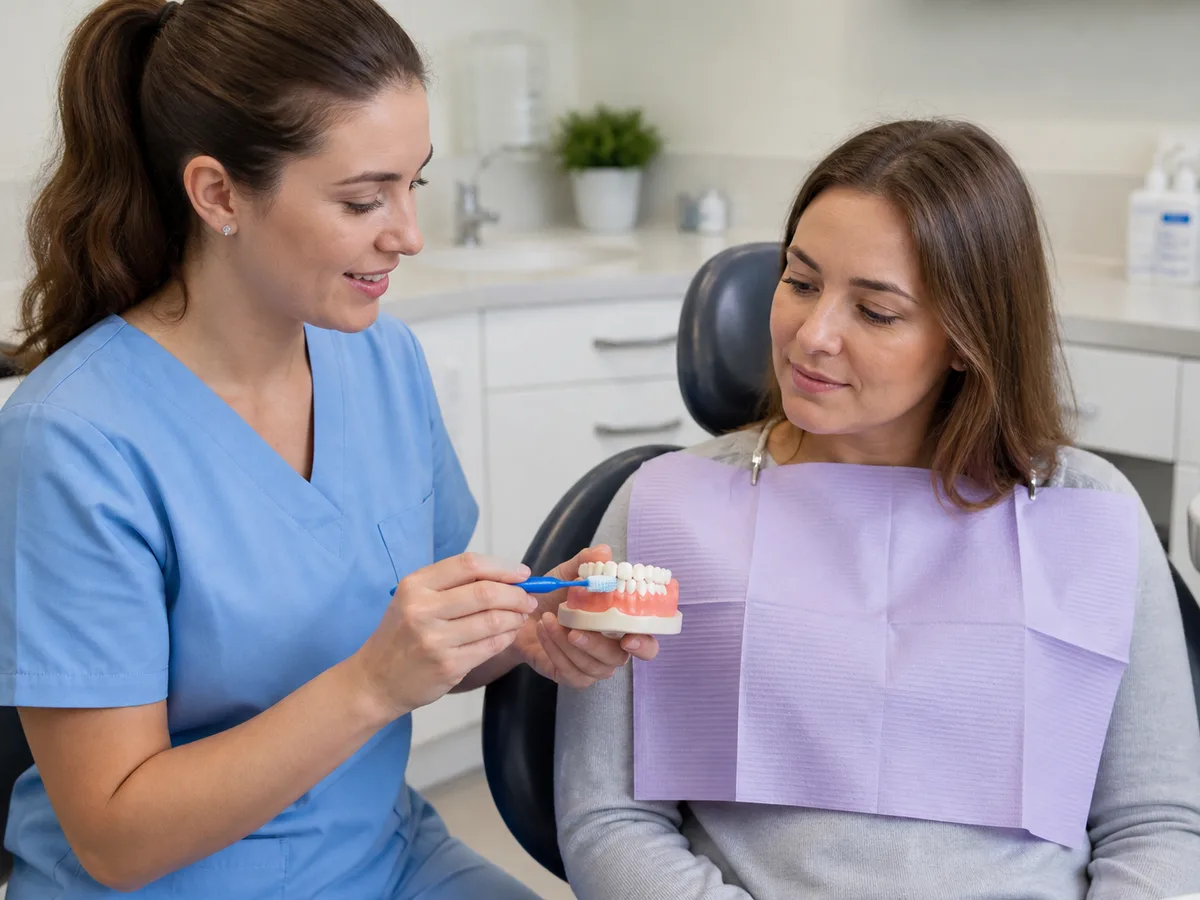 Patient comparing interdental brush sizes for cleaning around a crown