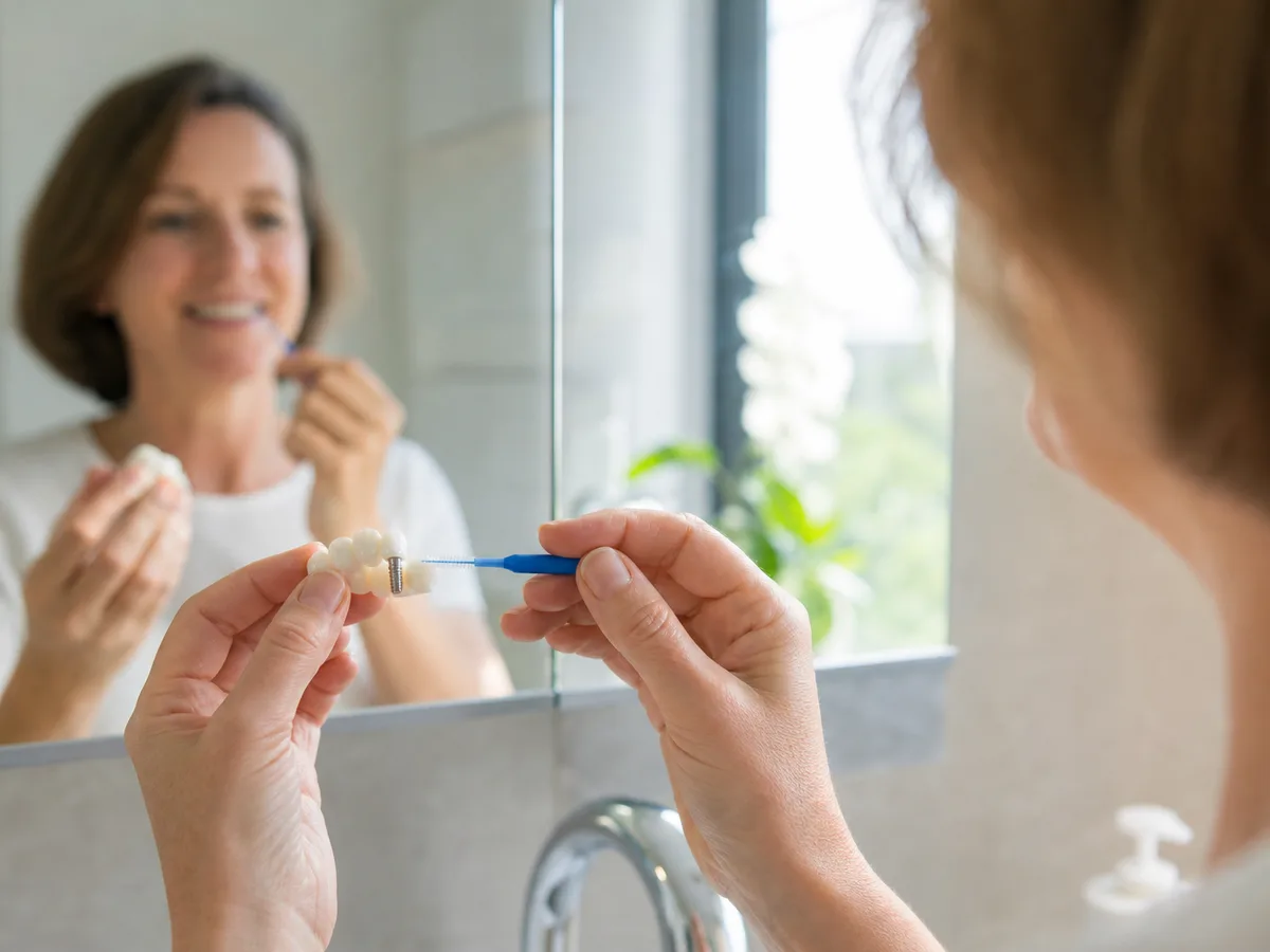 Person using an interdental brush to clean around a dental implant crown at the bathroom sink
