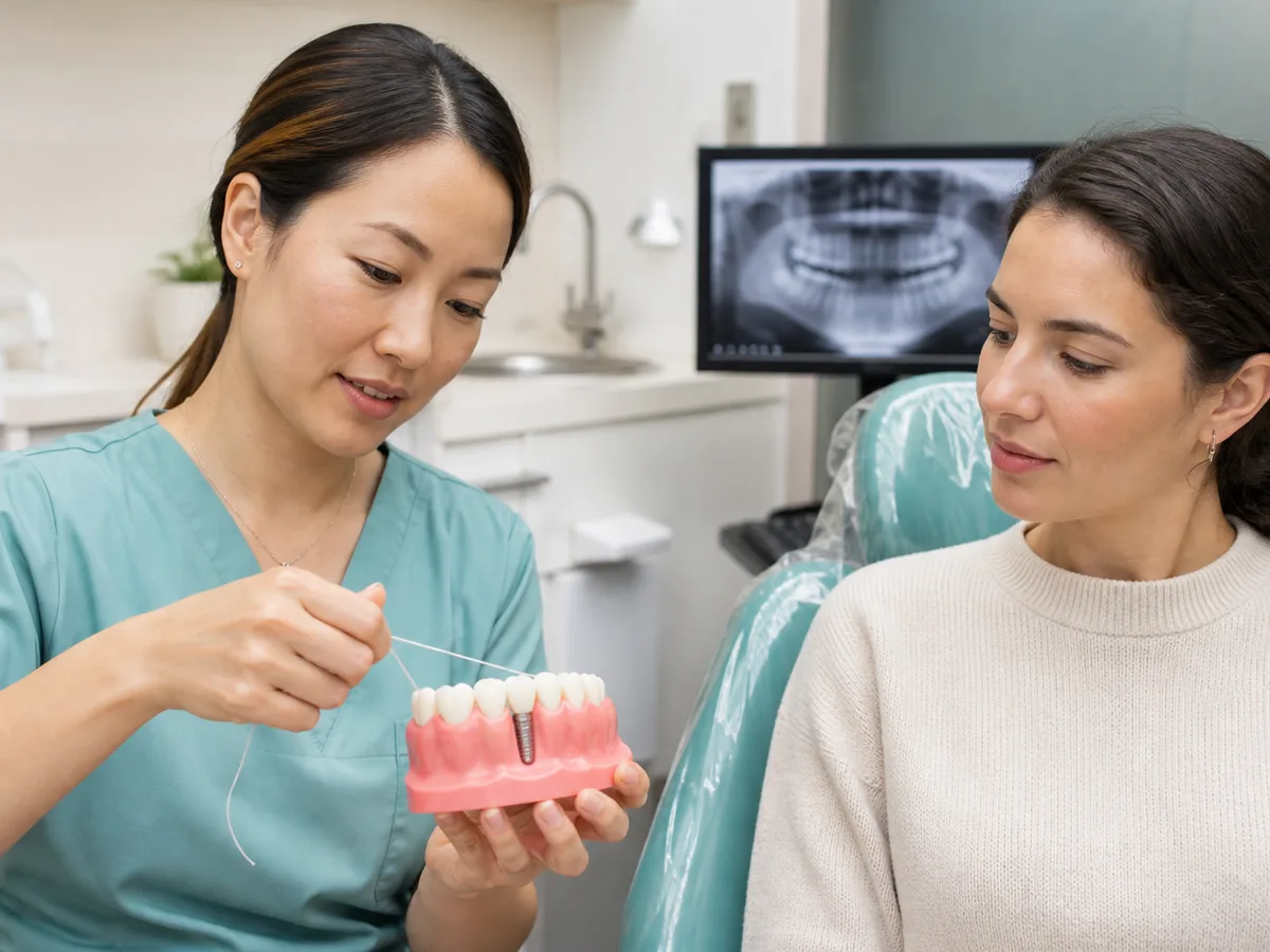 Dental hygienist demonstrating implant flossing technique to a patient in the operatory