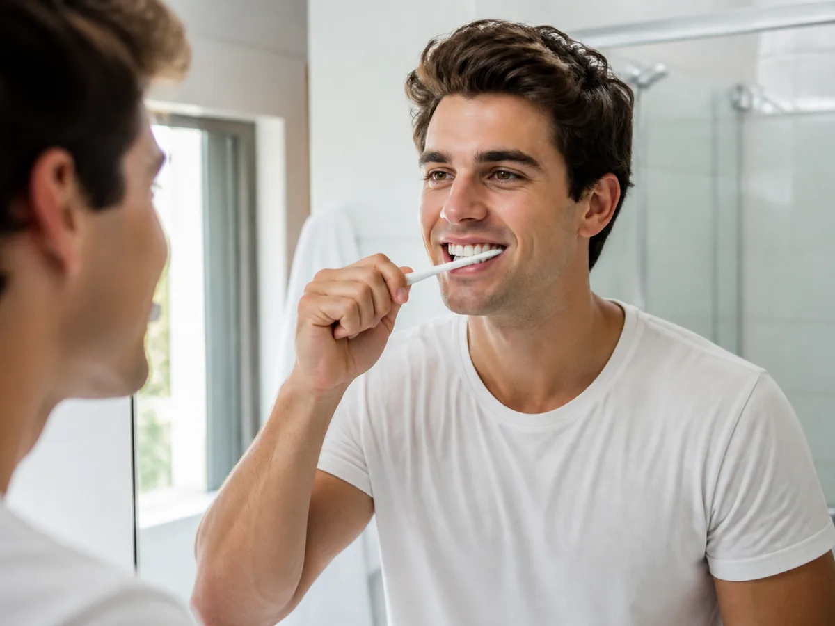 Patient flossing gently around porcelain veneers at the bathroom mirror