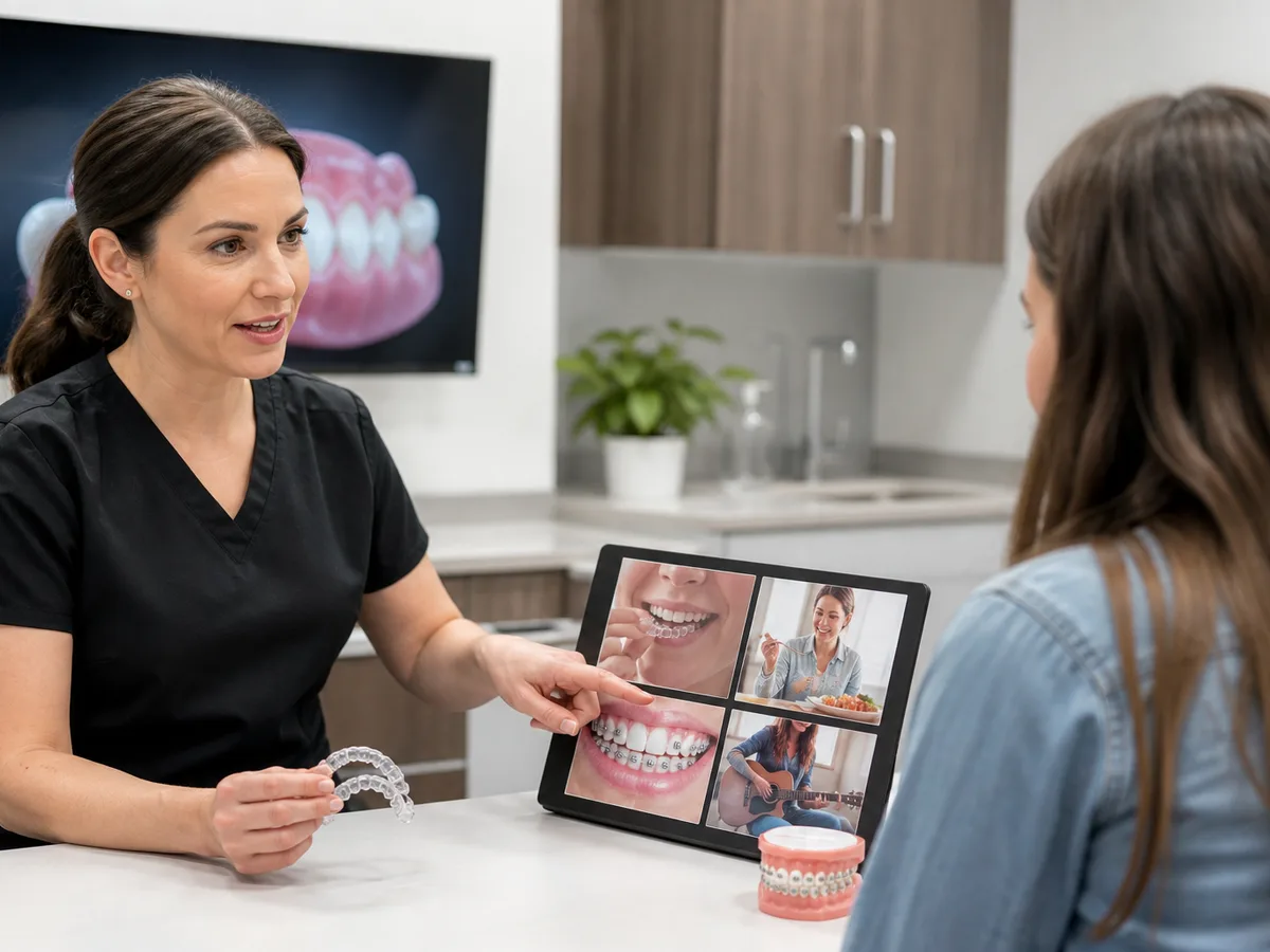 Patient and orthodontist agreeing on a written treatment plan for aligners or braces